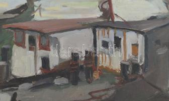 Várdeák Ferenc (1897-1971): Három lakóhajó (uszályok, Budapesti rakpart). Olaj, karton, jelzett. Dek...