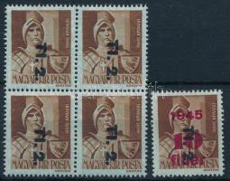 1946 Betűs II. TI.2./10f/4f négyestömb piros felülnyomat nélkül, de a hátoldalon a piros felülnyomat részleges halvány gépszínátnyomatával