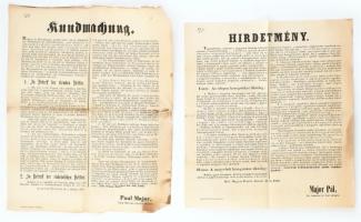 1867 Mosonmagyaróvár koldusok, kéregetők szabályozására kiadott rendelet magyar és német nyelvű hirdetményei 40x50 cm