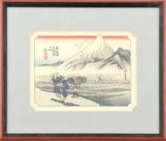 Ismeretlen, feltehetően XX. sz. japán művész: Rizsföldön. Színes fametszet, papír. Üvegezett fa keretben. 14x18,5 cm