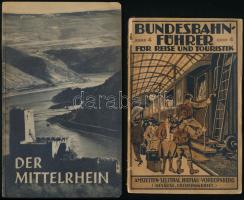 cca 1920-1940 Vegyes utazási prospektus, 3 db:   Deutsche Verkehrsbücher Der Rhein und seine Seitentäler. Berlin, én.,Reichsbahnzentrale für den Deutschen Reiseverkehr, 104 p.+ 1 (kihajtható térkép) t. Német nyelven. 16. Auflage. Fekete-fehér fotókkal illusztrált. Kiadói papírkötésben.;   Der Mitelrhein. Ein Blick über das Land uns seine Kultur in Vergangenheit und Gegenwart. Hrsg von der Reichsbahndirektion Mains. Mit einem Einführungswort von Universitätsprofessor Dr. Paul Clement. Main,én.,Verlag der Reichsbahndirektion Mainz, 114 p. + 2 (térkép-mellékletek) t. V. Verbesserte Ausgabe. Fekete-fehér fotókkal illusztrált. Kiadói papírkötés.;   Österreichischer Bundesbahnführer für Reise und Touristik. (Mit 54 Illustrationen.) Gesäuse und Erzberggebiet. Mit Benützung amtlicher Daten bearbeitet von Hans Biendl und Ludwig Sinek. Bundesbahn-Führer Für Reise und Touristik Band 4. Wien, 1926, Steyrermühl Verlag, 96 p. + 1 (kihajtható térkép) t. Német nyelven. Kiadói papírkötés, szakadt, részben hiányos gerinccel.;