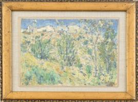 Lakatos Artúr (1880-1968): Zöldellő táj (Franciaország?). Olaj, vászon, kartonra kasírozva, jelzett. Dekoratív, kissé sérült üvegezett fa keretben, 19,5x27 cm