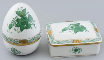 Herendi zöld Apponyi mintás bonboniere és tojás, kopásnyomokkal, jelzett, 11x8cm és 11cm