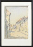 Lakatos Artúr (1880-1968): Úri utca, Buda. Ceruza, papír, jelzett. Üvegezett fa keretben, 33x24 cm