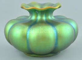 Zsolnay eozin mázas porcelán, bordás váza. Jelzett, kis kopással d: 12 cm