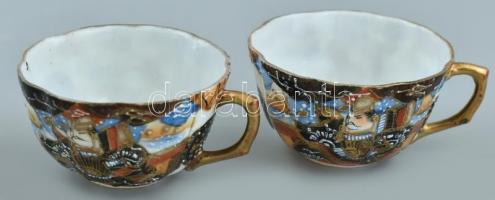 Japán mintás 'tét a tét' mokkás készlet. Kézzel festett porcelán. Jelzett. Kopott