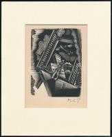 Molnár C. Pál (1894-1981): Kilátás. Fametszet, papír, utólagos jelzéssel, 12×7,5 cm