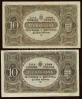 1920. 10K (2x) mindkét bankjegy elő- és hátlapi nyomata erősen lefelé, ill. felfelé csúszva, az egyi...