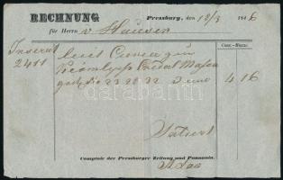 1846 Pozsony a Pressburger Zeitung és Pannonia díjfizetési nyugtája