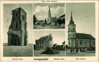 1939 Berettyóújfalu, Csonka torony, Hősök szobra, Római katolikus és református templom. Paszternák Dezső kiadása (EK)