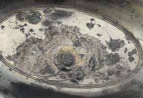 Ezüstözött ón, rózsás, füles tálka, kopott, m:16cm