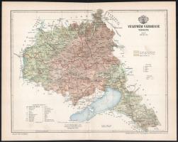 1897 Veszprém vármegye térképe,1:430.000, Pallas Nagy Lexikona, Bp., Posner Károly Lajos és Fia-ny., hajtásnyommal, 21x26 cm