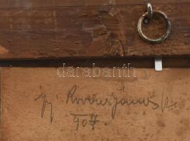 Hátoldalán olvashatatlan jelzéssel (Ruverus János 1907?): Horgász a tavon, Olaj, karton, kopott fake...