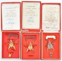 ~1950. Kiváló dolgozó Rákosi-címeres zománcozott fém kitüntetés (Al csillagon műanyag rátét), eredeti címeres tokban, miniatűrrel és viselői igazolvánnyal + ~1957-1989. Kiválo dolgozó kitüntetés, tokban viselői igazolvánnyal (2x) T:1-,2