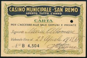 1938 Éves névre szóló belépő a san remoi kaszinóba