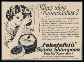 cca 1920-1940 Nincs ideje hajmosáshoz?... Feketefejű, Száraz shampoon, Szép haj 3 perc alatt., Schwarzkopf reklám nyomtatvány, kartonra kasírozva, 13x17 cm