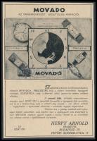 cca 1920-1940 Movado az órásművészet legutolsó kreációi., Herpy Arnold óraműves, Movado órás reklám nyomtatvány, kartonra kasírozva, 19x13 cm