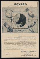 cca 1920-1940 "Movado az órásművészet legutolsó kreációi.", Herpy Arnold óraműves, Movado órás reklám nyomtatvány, kartonra kasírozva, 19x13 cm