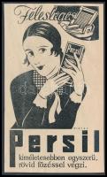 cca 1920 Felesleges! Persil kiméletesebben egyszerü, rövid főzéssel végzi., Persil mosópor reklám nyomtatvány, kartonra kasírozva, 17x10 cm