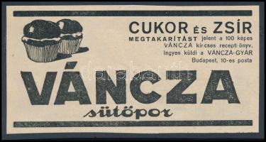cca 1920-1940 Váncza sütőpor, reklám nyomtatvány, kartonra kasírozva, 7x13 cm