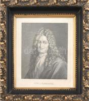cca 1800 Johann Friedrich Bause (1738-1814) után: Gottfried Wilhelm Leibniz filozófus portréja. Acélmetszet, papír, Üvegezett dekoratív keretben. 25x20cm