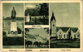 1943 Kiskőrös, Petőfi szobor, Petőfi szülőháza, Evangélikus templom, Szarvas szálloda (EB)