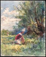 Ócsvár Rezső (1877-1968): Virágszedő, 1920. Akvarell, papír, jelzett, 29×24 cm