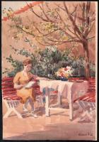 Ócsvár Rezső (1877-1968): Olvasó hölgy. Akvarell, papír, jelzett, 36×25 cm