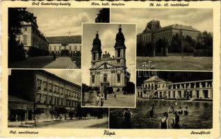 1939 Pápa, Gróf Esterházy kastély, Római katolikus templom, Református nevelőintézet, M. kir. állami tanítóképző, Strandfürdő, fürdőzők (EK)