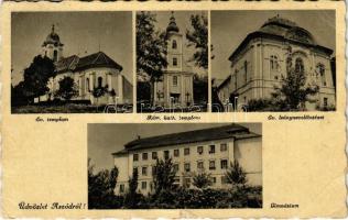 1941 Aszód, Evangélikus templom, Római katolikus templom, Gimnázium, Evangélikus leánynevelőintézet (szakadás / tear)