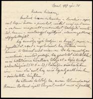 1927 Benedek Marcell (1885-1968) autográf levele ismeretlen hölgy írópalántának, aki írásairól tanácsát kérte. Benedek a levélben beszámol Romain Rolland (1866-1944) Nobel-díjas francia íróval történt bécsi találkozásáról is, akinek művei fordítására is vállalkozott. Két beírt oldal, Benedek Marcell autográf aláírásával.