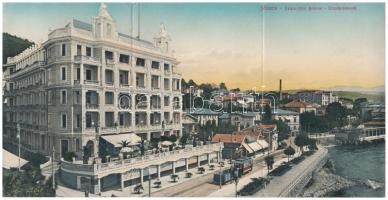 1910 Abbazia, Opatija; Palace Hotel Bellevue, Strandpromenade / szálloda és sétány, villamos. Három részes kihajtható panorámalap / hotel and promenade, tram. 3-tiled folding panoramacard