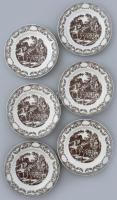 Vadászjelenetes német porcelán desszertes tál, 6 db, jelzett, levonóképes, kis kopásnyomokkal, d: 19 cm