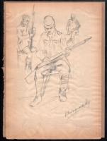 Mednyánszky jelzéssel: Katonák puskával. Ceruza, papír, kartonra kasírozva. 29,5x20,5 cm