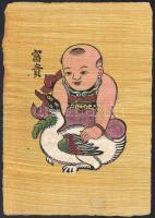 3db jelzett kínai fametszet: Békák és kínai fiú tyúkkal. cca 36x26cm