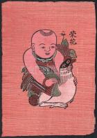 3db jelzett kínai fametszet: Békák és kínai fiú tyúkkal. cca 36x26cm