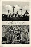 1938 Érsekújvár, Nové Zámky; Kálvária, templom belső / calvary and church interior + 1938 Érsekújvár visszatért So. Stpl (EK)