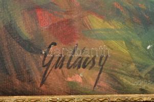 Gulácsy jelzéssel: Sétálók. Olaj, karton, sérült. Dekoratív, sérült fa keretben. 44x33,5 cm