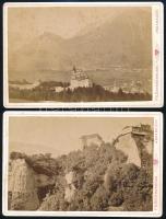 cca 1880 Innsbruck környéke (Schloss Ambras, Schloss Tirol, Hochjoch-Hospiz), 3 db keményhátú fotó hátoldalon feliratozva, 11×16 cm