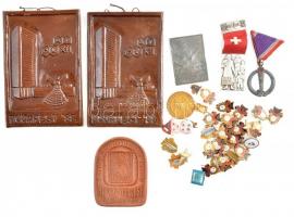 39db-os vegyes jelvény, plakett tétel, főleg a szocialista időszakból, közte 1944. "Műegyetemi Lövészegyesület 1919" egyoldalas, hadifém sportplakett, hátoldalon gravírozva "1943". Szign.: Szoboszlay (44x31mm) + 1988. "MEAT XII. - Budapest '88" kerámia plakett akasztóval (96x147mm) + "Szövetkezeti Ipar Törzsgárda" zománcozott Br jelvények T:vegyes