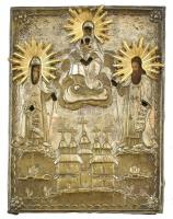 Ikon fém okláddal, Remete Szent Antal és Szent Theodosius, középen Istenszülő a kis Jézussal. Lent: A Szent Miklós-templom vagy Szent Miklós-templom a XVII. század végéről a XVIII. század elejére datált építészeti műemlék, amely a Kijev-Pechersk Lavra területén található. A templom a kozák barokk stílushoz tartozik. A kék kupolát aranyszínű csillagok borítják, tetején pedig egy kereszt áll, amelyen egy aranyszínű galamb látható. A templomot Myriai Szent Miklós nevében szentelték fel. Oroszország, 1900 körül. Sérülésekkel, kopásokkal. 17x13cm