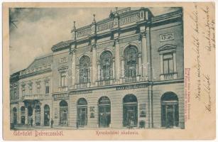 1900 Debrecen, Kereskedelmi akadémia, Keszler varrógép műszerész, Dinnyés Gyula bútorraktára, Balla Lajos asztalos üzlete. Pongrácz Géza kiadása Kiss Ferenc eredeti fényképe után (ázott / wet damage)