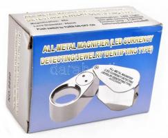 Nagyító LED és UV világítással, 40x 25mm fém házzal. Elemmel, bontatlan, új állapotban