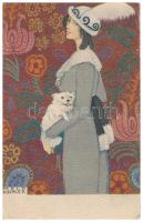 Art Nouveau lady with dog. B.K.W.I. 621-5. s: Mela Koehler (small tear)