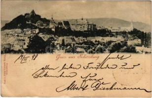 1898 (Vorläufer) Segesvár, Schässburg, Sighisoara; látkép. Fritz Teutsch kiadása / general view + "BRASSÓ - BUDAPEST 40. SZ." vasúti mozgóposta bélyegző (EB)