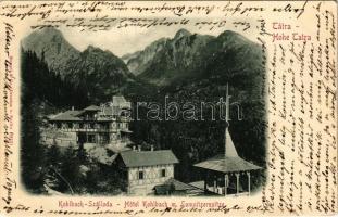 1902 Tátra, Magas-Tátra, Vysoké Tatry; Hotel Kohlbach m. Lomnitzerspitze / Kohlbach szálloda, Lomnici-csúcs / hotel, mountain peak (ázott / wet damage)