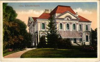 1918 Léva, Levice; Schoeller (Schöller) kastély. Schulcz Ignác kiadása / castle + "G.BERZENCZE - P.NÁNA 87. SZ. B" vasúti mozgóposta bélyegző (EK)