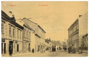 Sopron, Ó-Gabona tér, villamos, Tamás János üzlete, rövidáru kereskedés. Novák László kiadása W.L.