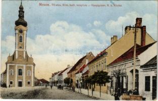 1916 Moson, Fő utca, Római katolikus templom, Mészáros üzlete (Rb)