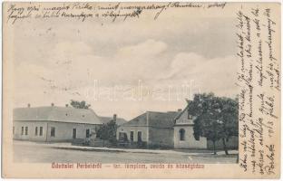 1913 Perbete, Pribeta; Izraelita templom (zsinagóga), óvoda és községháza. Feit Bernát kiadása / synagogue, kindergarten, town hall + WIEN - POZSONY - BUDAPEST 2 C vasúti mozgóposta bélyegző (fl)